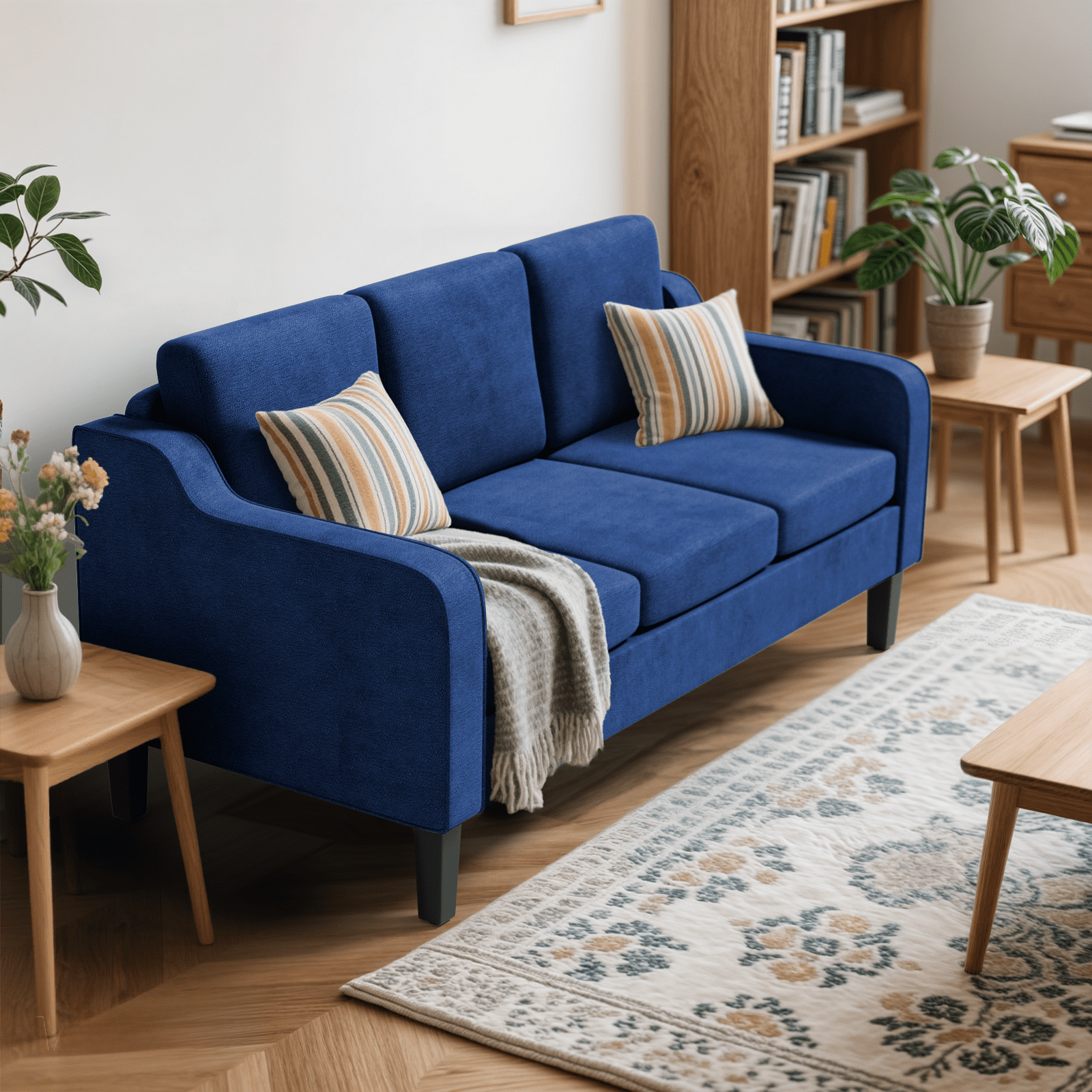 MoNiBloom 64" Apartment Sofa for Small Spaces | Modern 3-Seater Couch with Removable Cushions & Wooden Legs | Compact Living Room, Bedroom Furniture, Navy Blue