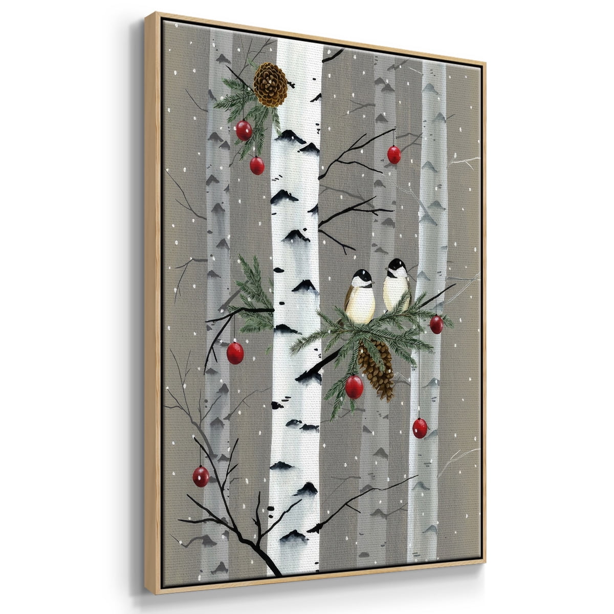 Birch Birds I - Framed Gallery Wrapped Holiday Canvas - 27 x 41 - Natural Wood Frame