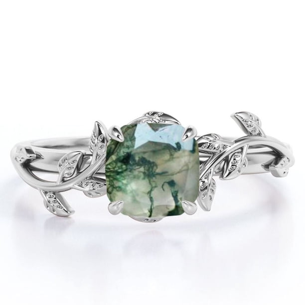 JeenMata Anillo de Compromiso Inspirado en la Naturaleza de Ágata Verde Musgo Transparente Natural de Talla Cojín de 1 Quilate - Engaste de 4 Puntas - Baño de Oro Blanco de 18 K sobre Plata