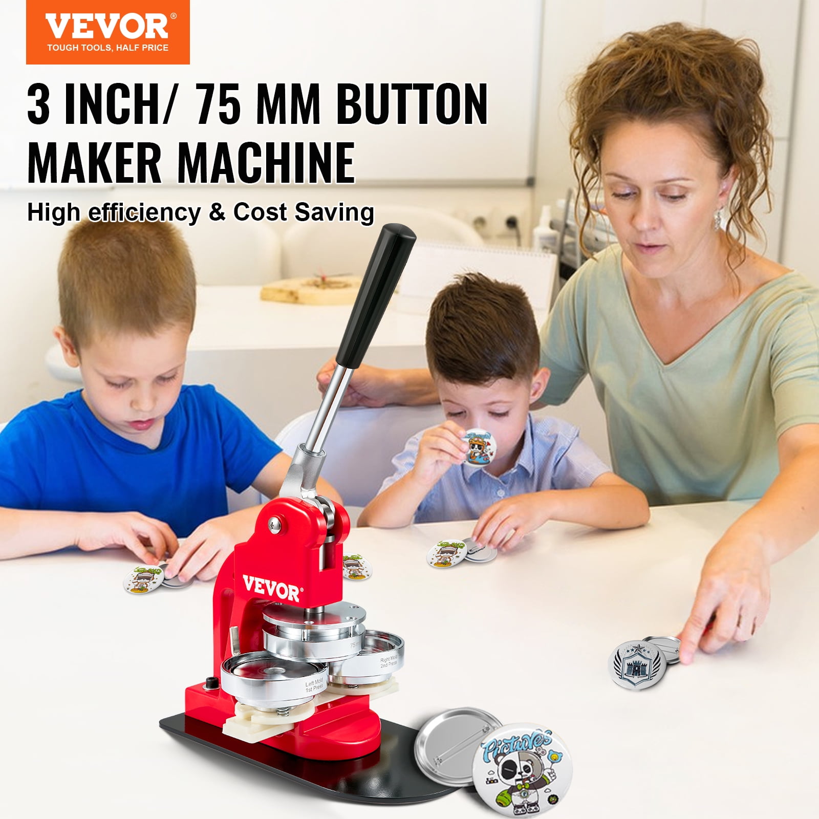 VEVOR Button Maker Machine Badge Pin Machine 3" 75mm 500 Free Parts Press Kit