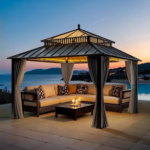 SUNJOY Kingston 12x12 Gazebo, Steel & PC Roof Hardtop Gazebo with Curtain and Netting - Gray Aluminum Posts