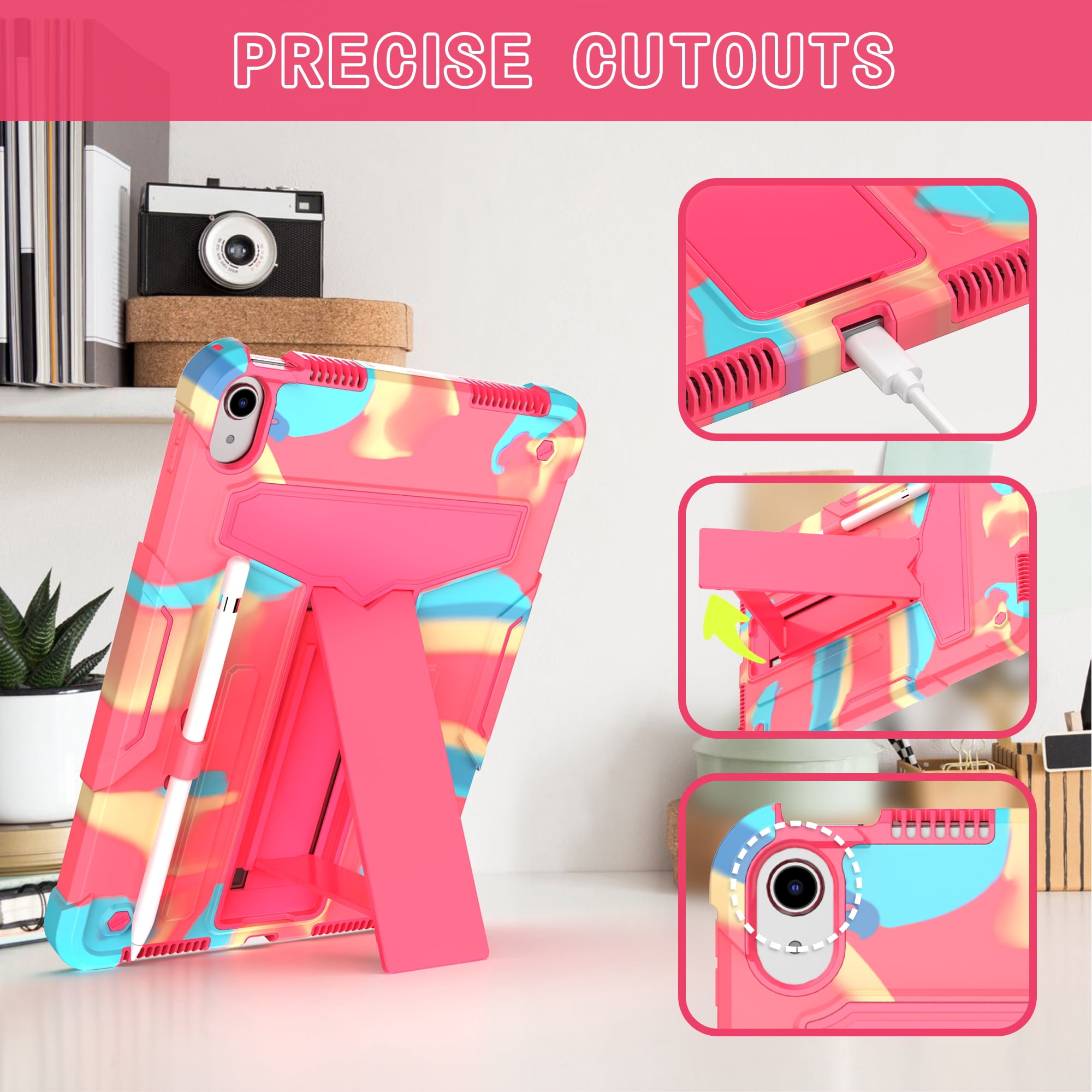 Decase Case for Apple iPad 10th Generation 10.9-inch,Shockproof Rubber Heavy Duty Rugged 3-Layer Protetion Kickstand Armor Cover with Pencil Holder, Colorful Rose