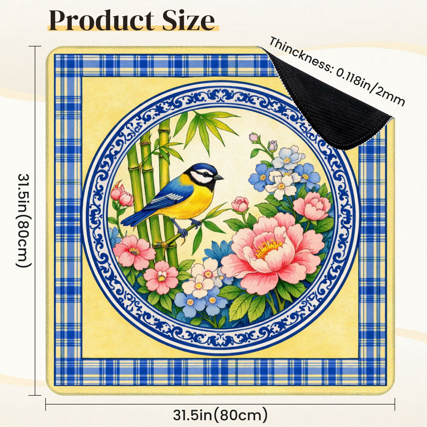 Mahjong Mat 31.5" x 31.5" Blue Tit Bird Vibrant Floral Bamboo Decorative Border Non-Slip Noise Reduction Mahjong Tiles Table Cover for Dominoes Poker Card Board and Tile Games