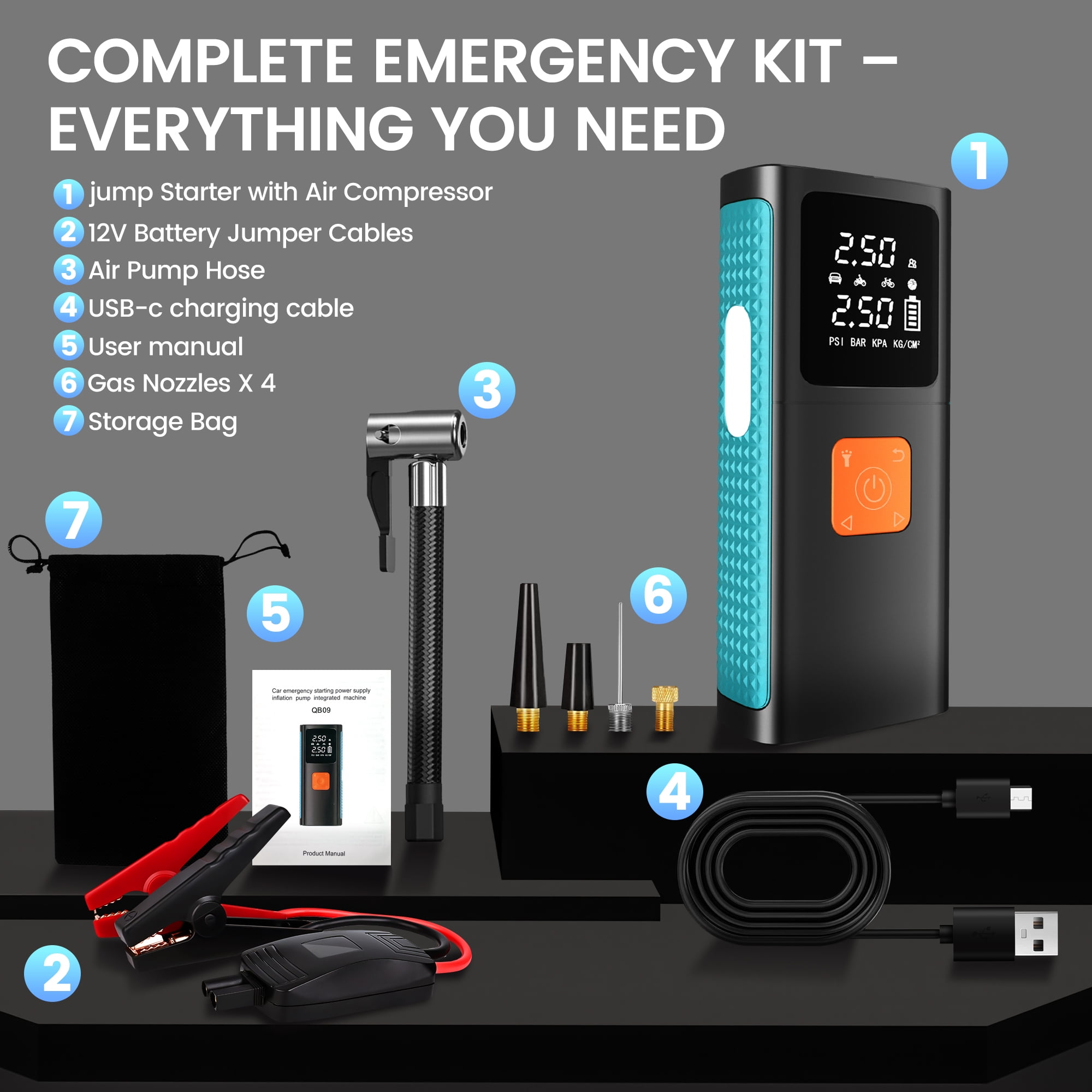FLORAY 2-in-1 3000A Car Jump Starter with 150 PSI Air Compressor, 12V Jump Box for All Gas/8.0L Diesel Engines, Portable Power Bank, LCD Display and Emergency Light