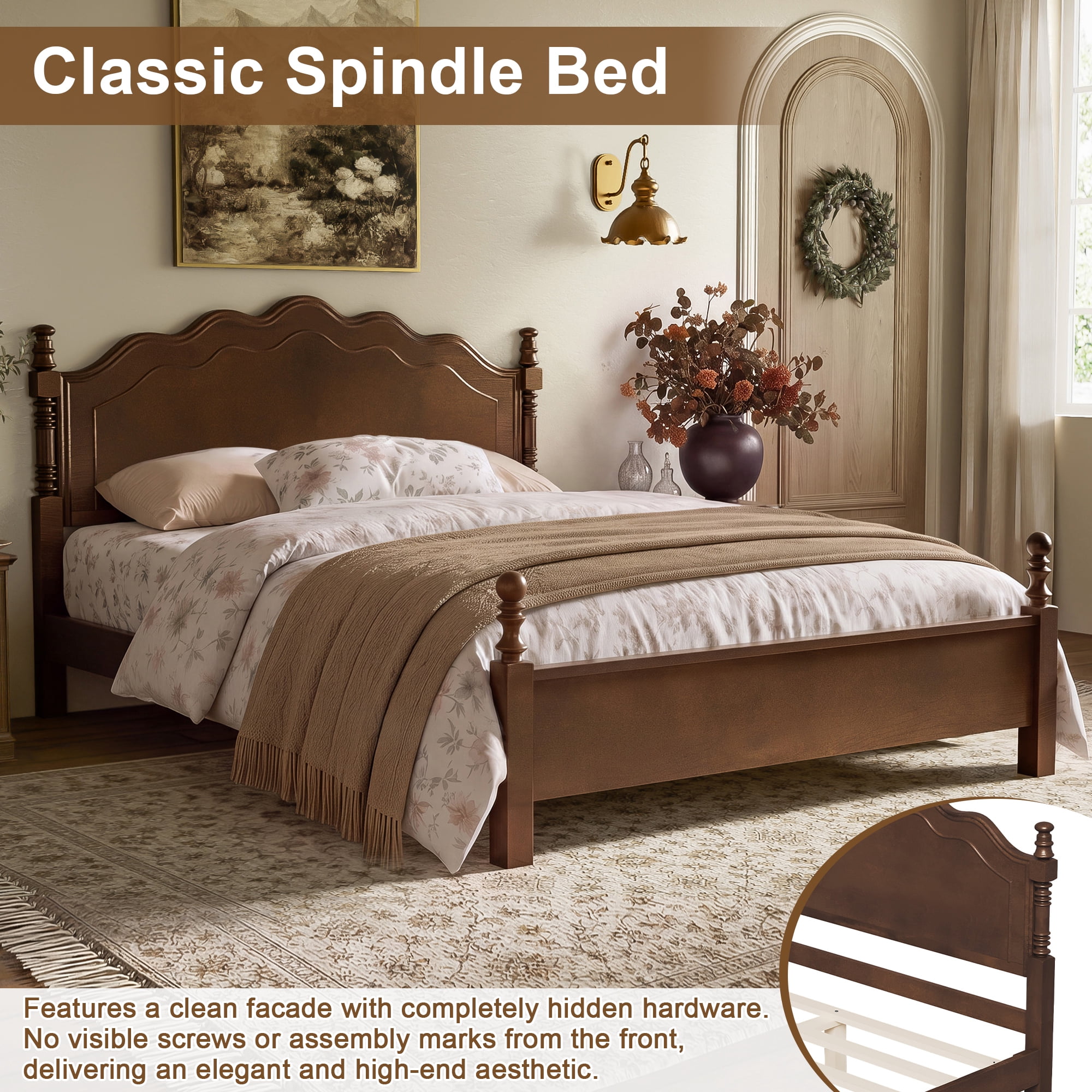 Euroco Wood Queen Size Platform Bed, Classic American Vintage Style Wood Bed with Curved Headboard, No Box Spring Needed, Espresso