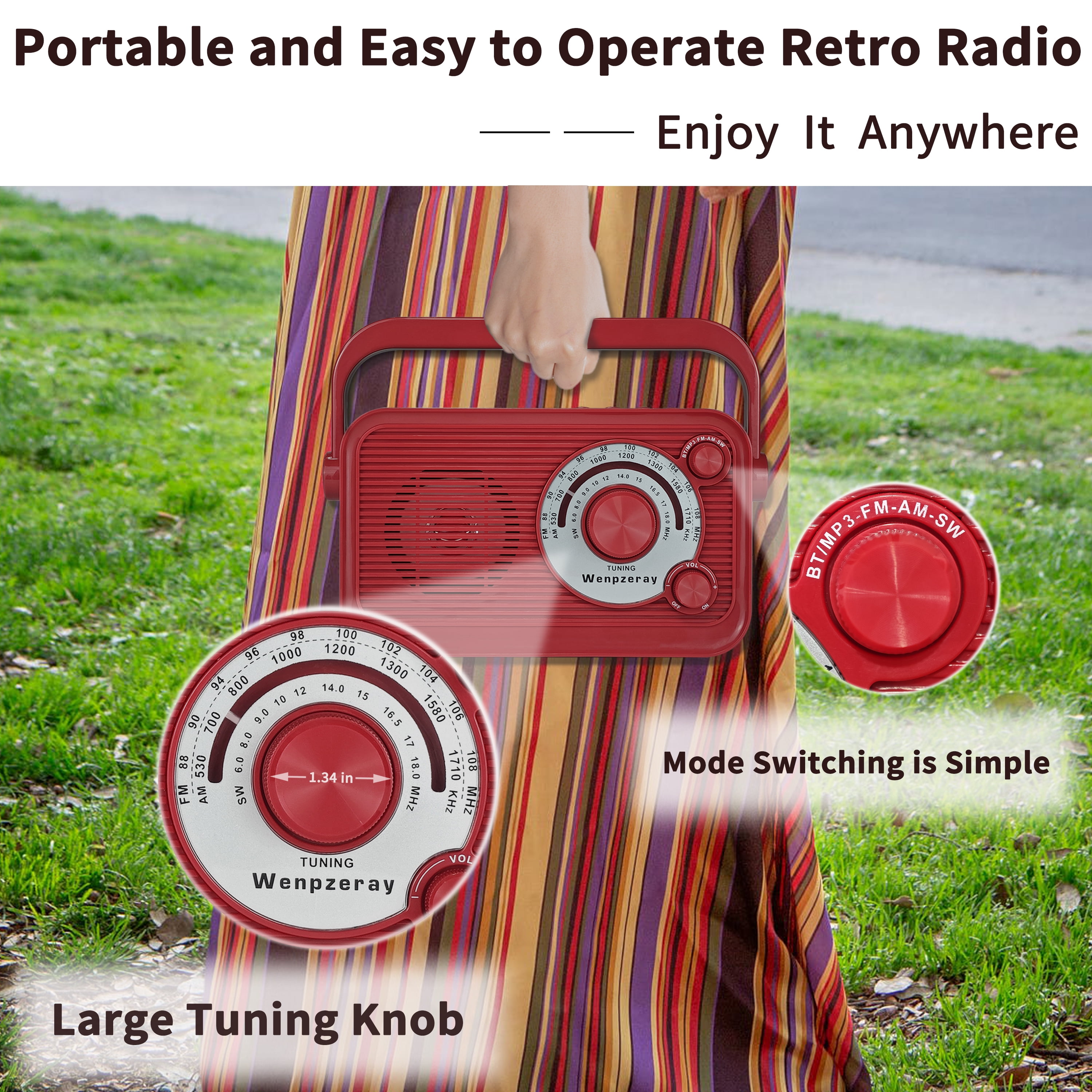 Camping Emergency AM FM Shortwave Radio, DSP Chip Bluetooth Speaker, Type-C Charging Retro Portable Radio Wenpzeray D218 (Red)
