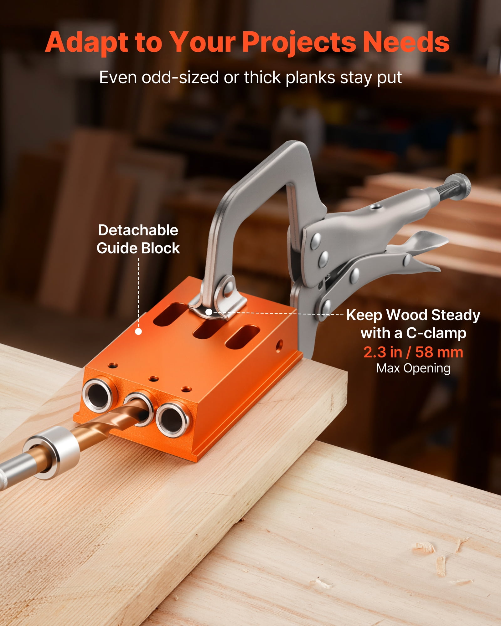 VEVOR Pocket Hole Jig Kit, 1/2 to 1-1/2 in Adjustable,Jig Pocket Hole System with Toolcase, C-Clamp, Step Drill, Hex Wrench, Drill Stop Ring, Square Drive Bit, Reinforced Metal Frame, for Woodworking