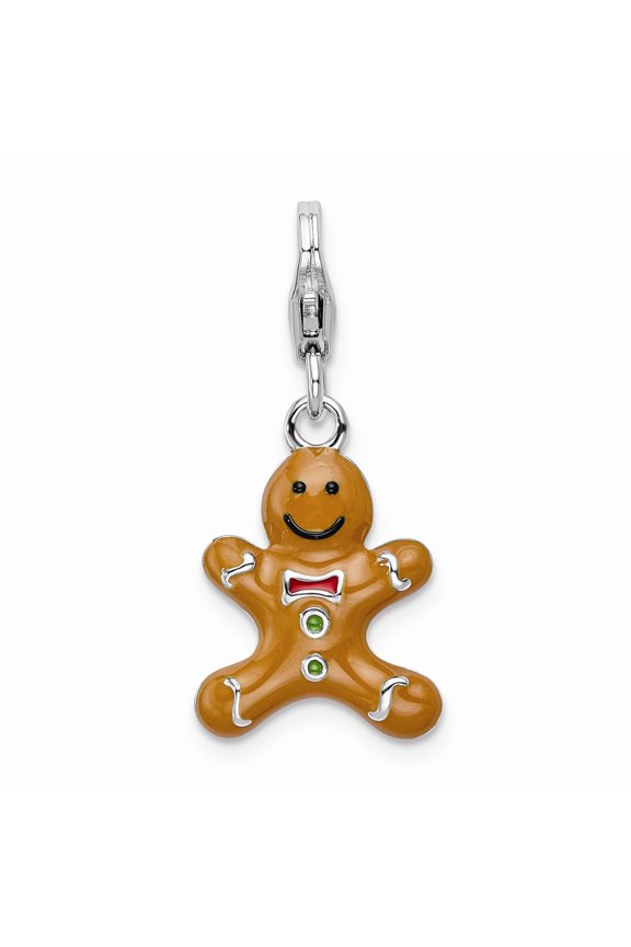 925 Sterling Silver RH 3-D Enameled Gingerbread Cookie With Lobster Clasp Charm Pendant; for Adults and Teens; for Women and Men
