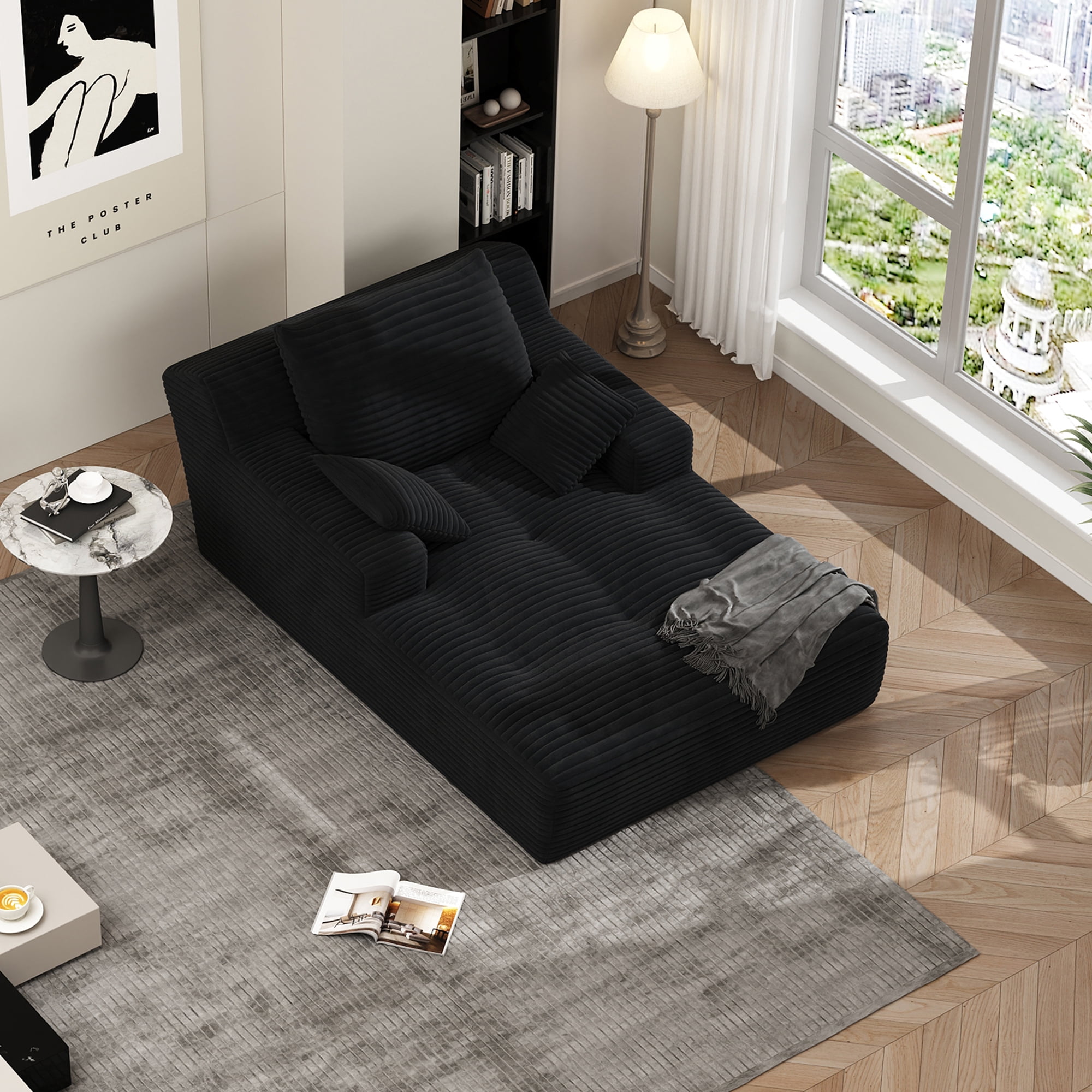 67'' Oversized Chaise Lounge Chair Indoor, Cloud Plush Corduroy Upholstered Sofa Bed, Modern Deep Seat Sofa with Back Cushion, Pillows, Cozy Sleeper Couch for Living Room, No Assembly Required, Black