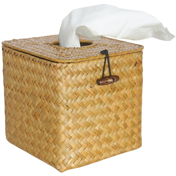 Square Tissue Box Cover with Lid, Rustic Woven Holder for Bathroom, Bedroom, Kitchen, Office, and Car