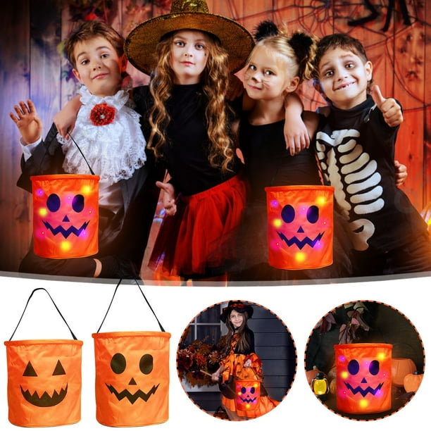 Bolsa LED luminosa para cubo de caramelos de Halloween para niños - Bolsa reutilizable para truco o trato con luces para fiestas nocturnas y recuerdos