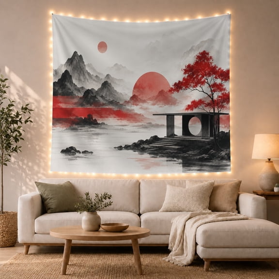 Sun Mountains Wash with Painting Main Range, Serene Japanese Inspired for Japanese Art Lovers, Wall Decor, Housewarming Gift, Tapestry Wall Hanging for Dorm and Living Room