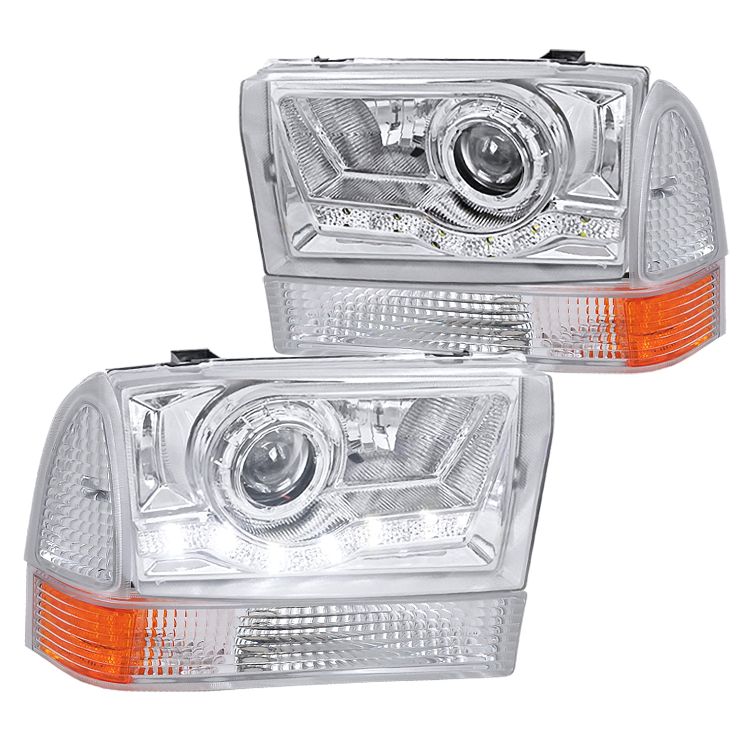 Fits 1999-2004 Ford F250/F350/F450/F550 Super Duty Excursion LED Parking Tube Projector Black Headlights Pair Left+Right