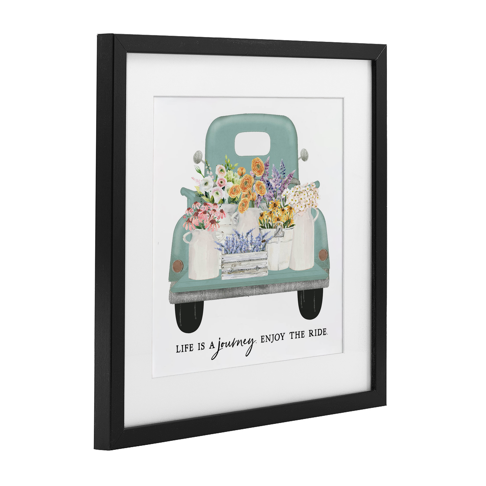 Enjoy Ride Floral Truck Black Framed Print Under Glass, design by Lettered and Lined