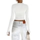thumbnail image 3 of Camiseta de manga larga con cuello redondo para mujer, Top corto ajustado de color liso con agujeros para el pulgar para uso diario en la calle, 3 of 4