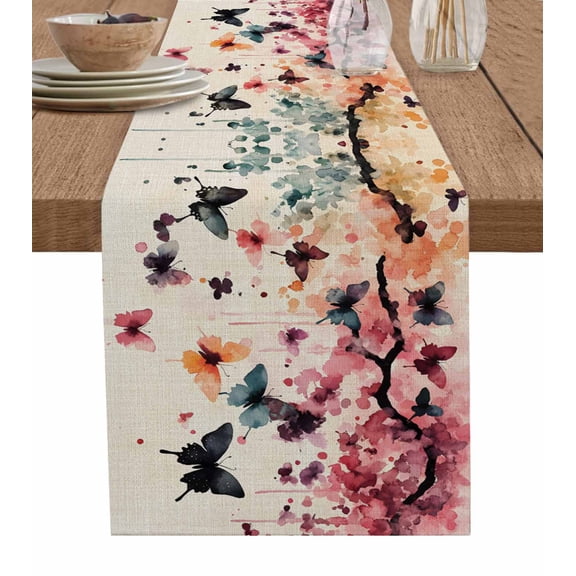 Flowers Butterfly Table Runner 90 Inches, Vintage Rustic Ombre Spring Floral Bed Runner Dresser Scarves Tabletop for Indoor Outdoor Parties/Ceremony/Banquet, 13" x 90"