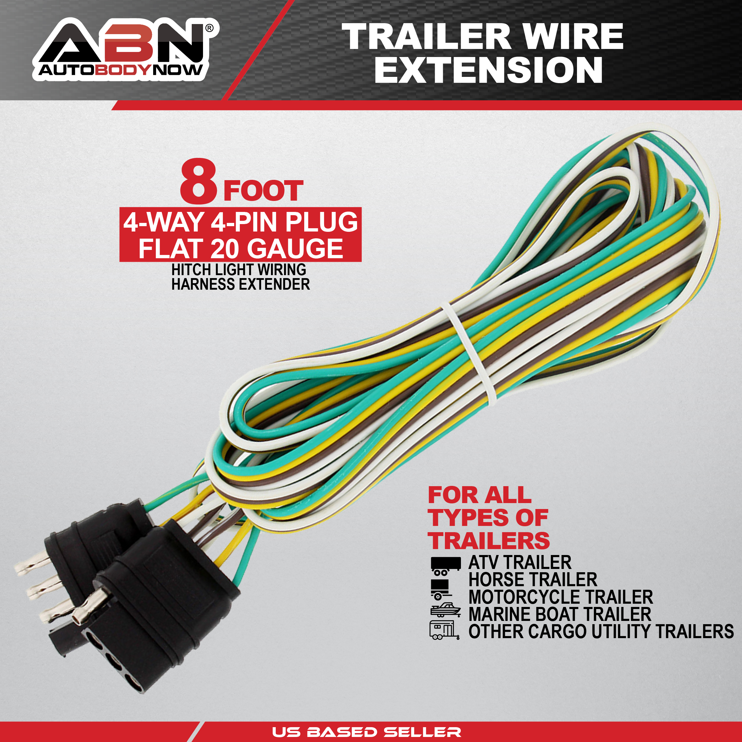 ABN 1909 - 4 Way 4 Pin Plug 20 Gauge Trailer Light Wiring Harness Extension 8ft - image 2 of 7
