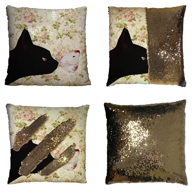 Funda de Almohada Reversible Lentejuelas ABPHQTO Gato y Mariposa 50x50 cm