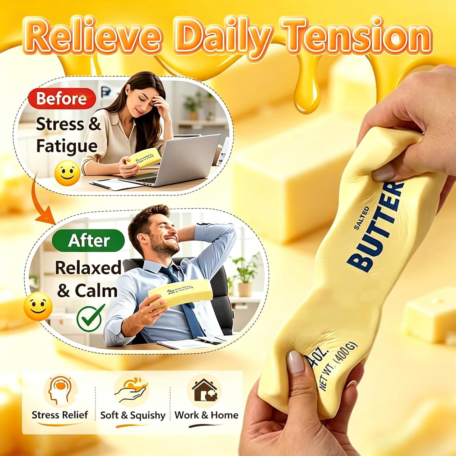 Jumbo Butter Squishies 14oz Butter Stick Squishy , Squeezy Butter Shape Stress Ball Slow Rising Food Fidget for Stress Relief & Anxiety Relaxation (9.1 IN)