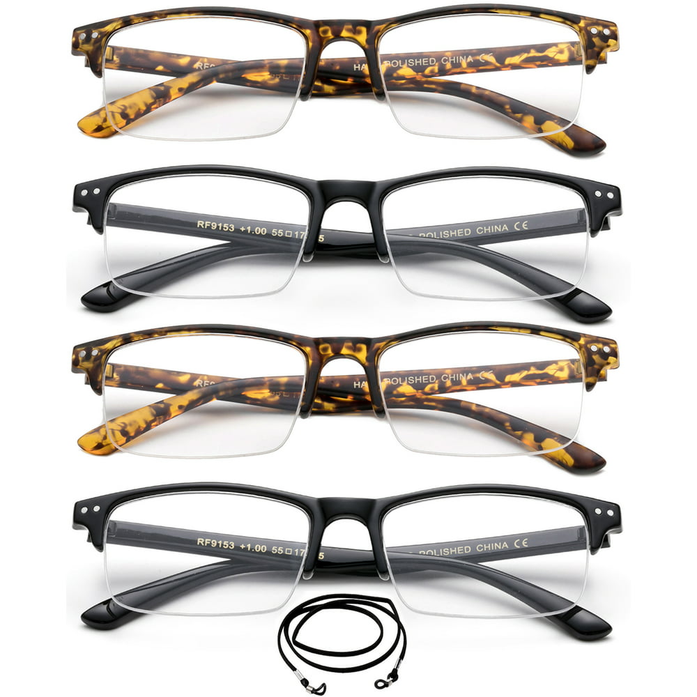4 Packs Wide Frame Reading Glasses Semi Half Frame Stylish Fashion Reading Glasses For Men