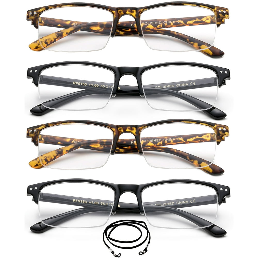 4 Packs Wide Frame Reading Glasses Semi Half Frame Stylish Fashion
