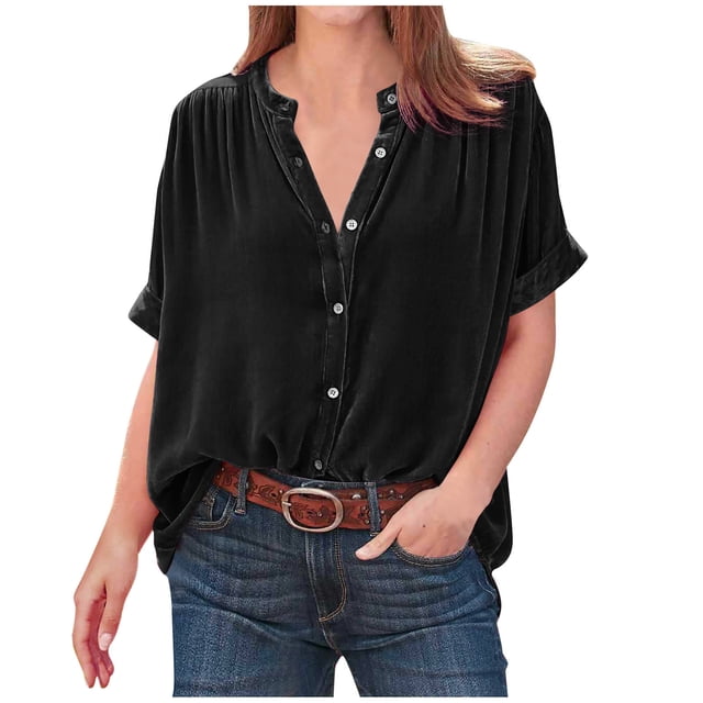 fheaev Hauts d'Été pour Femmes 2025 Vacances Tempérament Féminin Velours Doré Couleur Unie Manches Courtes Col Rond Boutonné Chemise Pliée