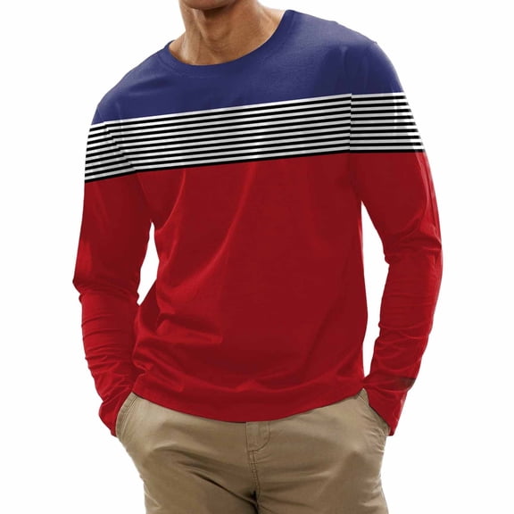 Agkizg Men Long Sleeve Shirts,Mens Casual Shirts,Men's Long Sleeve Crewneck Striped Print Top Casual Fashionable Daily Tops