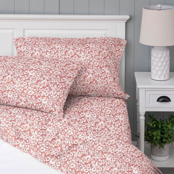 WelHome 100% Cotton Percale 4-Piece King Size Deep Pocket Bed Sheets Set, 1 Fitted, 1 Flat Sheet with 2 Pillowcases, Imprint Floral in Terra Cotta