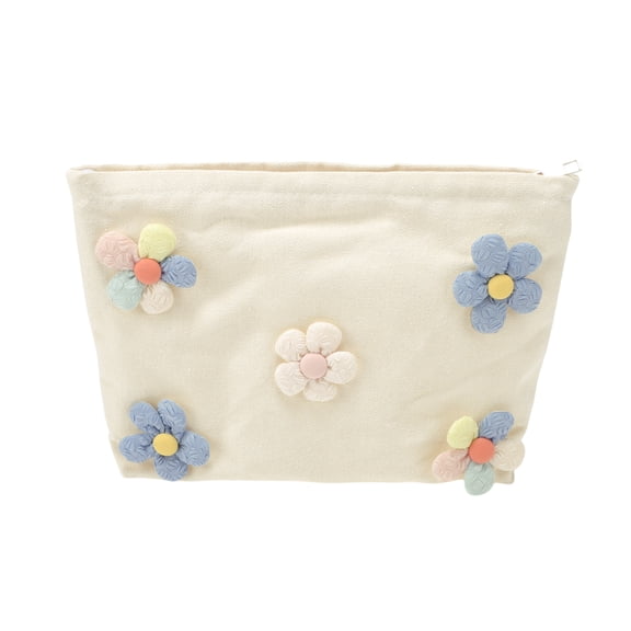 Unique Bargains 1 Pc Flower Print Drawstring Makeup Bag for Vacation Business Travel Canvas white