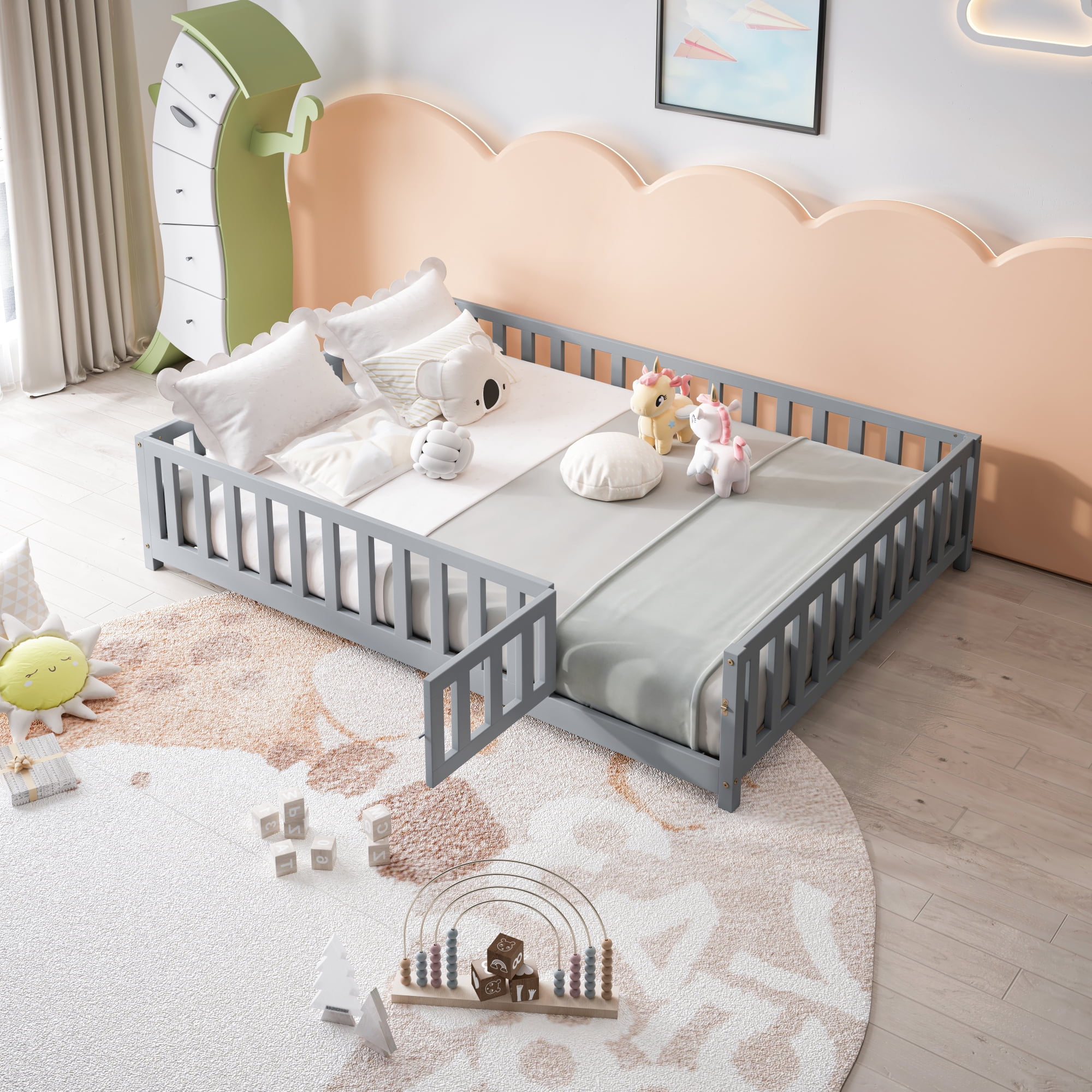 Leumius Full Size Floor Platform Bed Frame with Fence and Door for Kids, Montessori Floor Bed Frame with Support Slats for Toddlers Grey