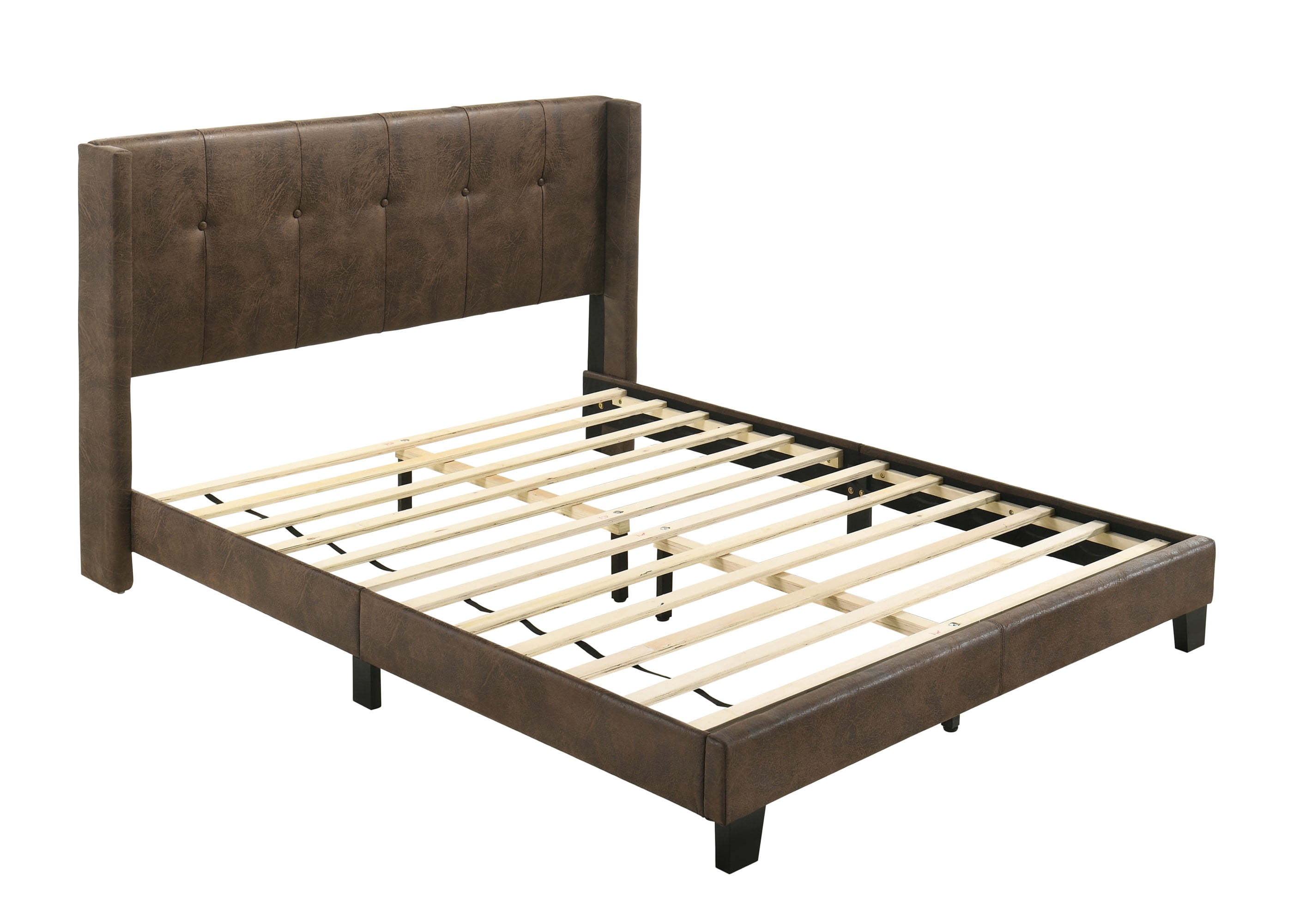 Home Design Evelyn Twin Upholstered Platform Bed Frame with Tufted Headboard and Wingback Design, Brown, Easy Assembly