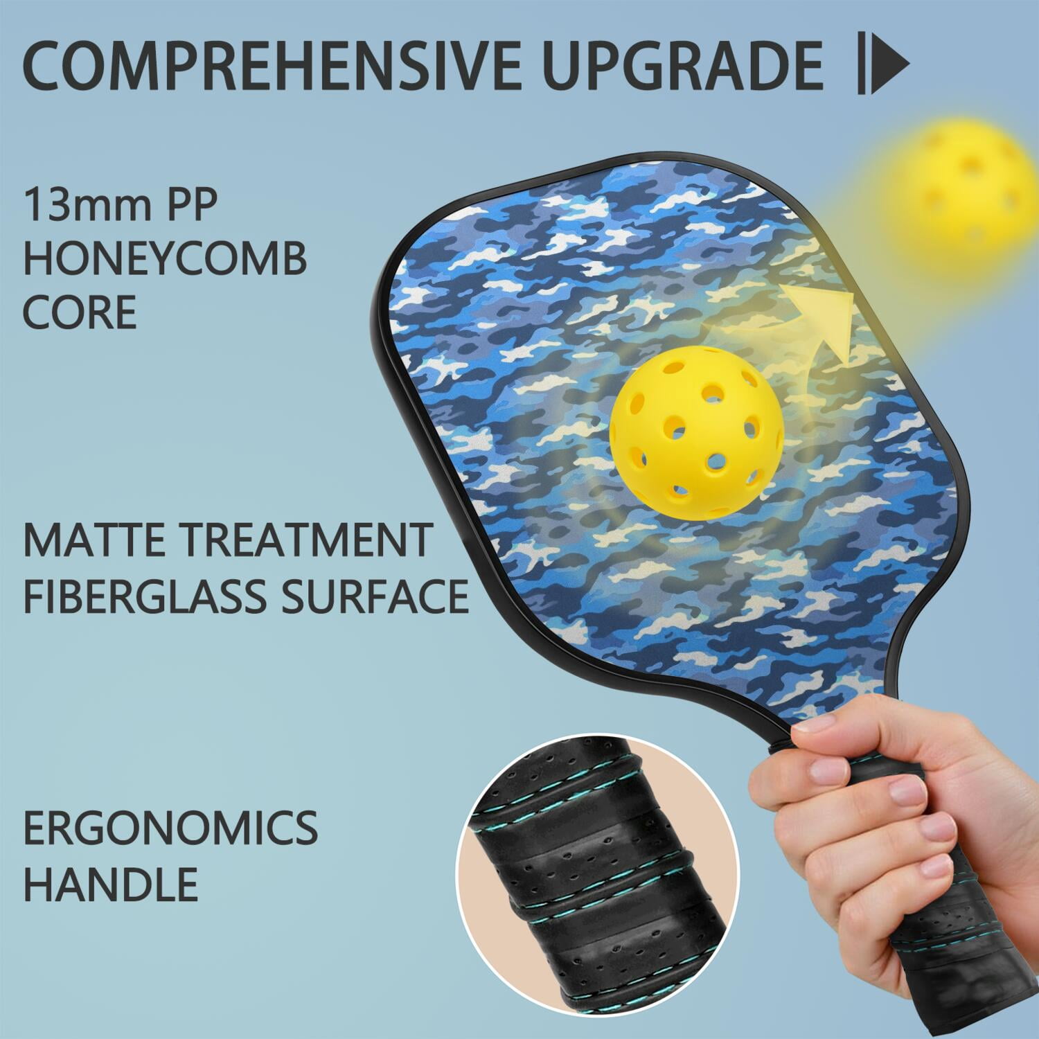 Pickleball Paddles Set Of 2, Fiberglass Surface, Camouflage Print, 4 Balls & Bag