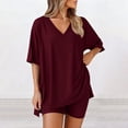 thumbnail image 6 of GILIGEGE Women 2 Piece Lounge Set V Neck T-Shirts Tops Solid Color Set Workout Casual Side Split Matching Tracksuit Casual Oversized Shirts Biker Shorts Matching Airport Travel Outfit Clothes Wine, 6 of 6