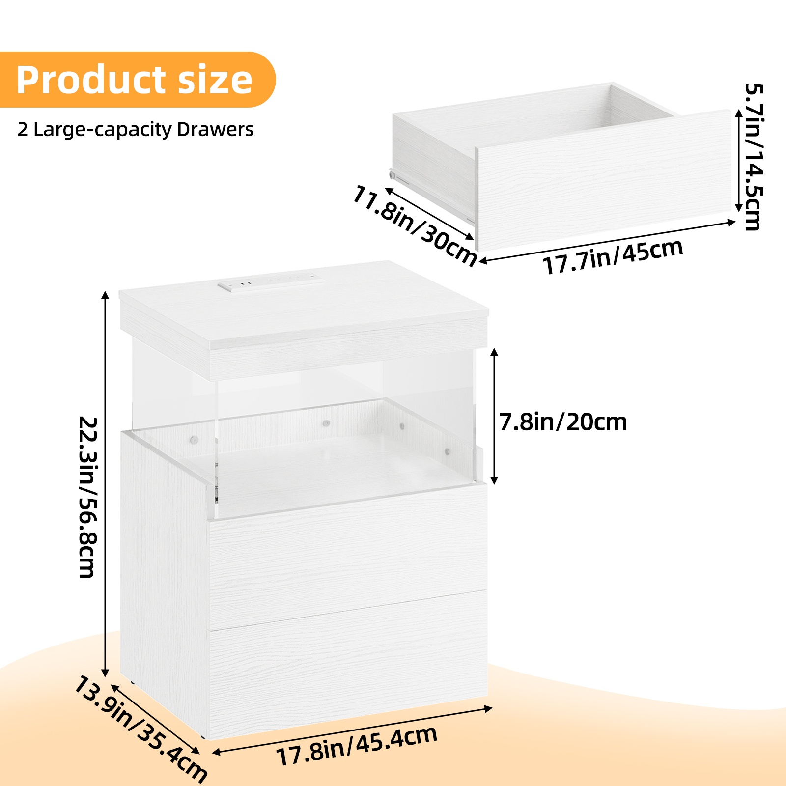 TOMNK White Nightstand with Charging Station, Bedside Table for Bedroom, LED Nightstand, Modern Night Stand with Drawers, White
