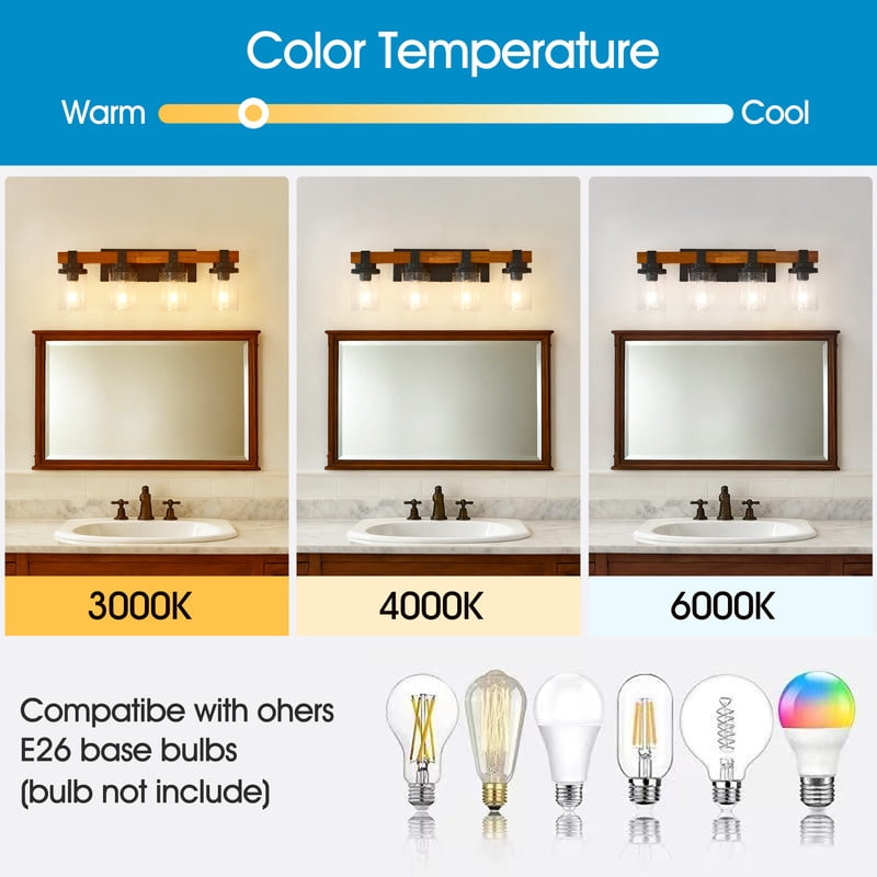 TICOZE 4-Light Matte Black and Wooden Wall Lamps with Glass Shade Vanity Lighting Fixtures for Dining Room Hallway Bedroom (Bulbs Not Included)