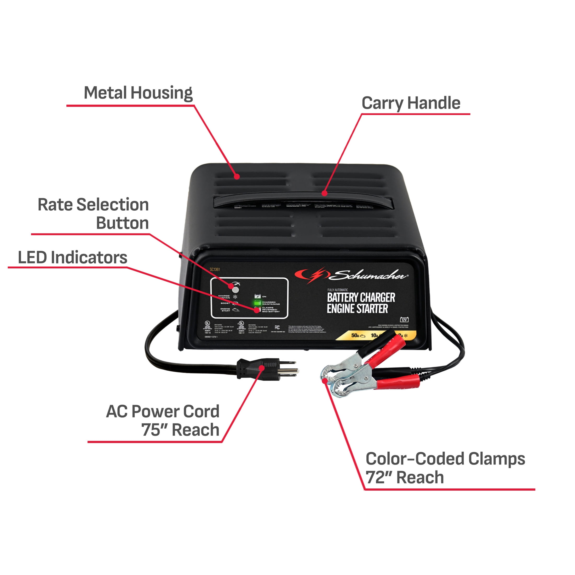 Schumacher Electric 6A Car Battery Charger/50A Engine Starter, Maintainer, 10A Boost, 12V Sport, Auto, and Marine Batteries, SC1361