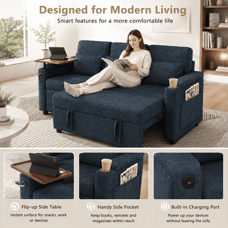 3-in-1 Convertible Sofa Bed, 3-Seater Chenille Couch with Adjustable Backrest, USB Charging Ports, Table Board and Storage Armrests, 81'' Foldable Sleeper Sofa for Living Room