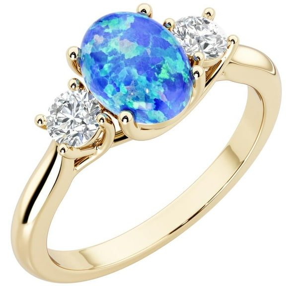 Peora Blue Opal and Lab Grown Diamond 3-Stone Trellis Ring 14K Gold 1.30 Carats Oval