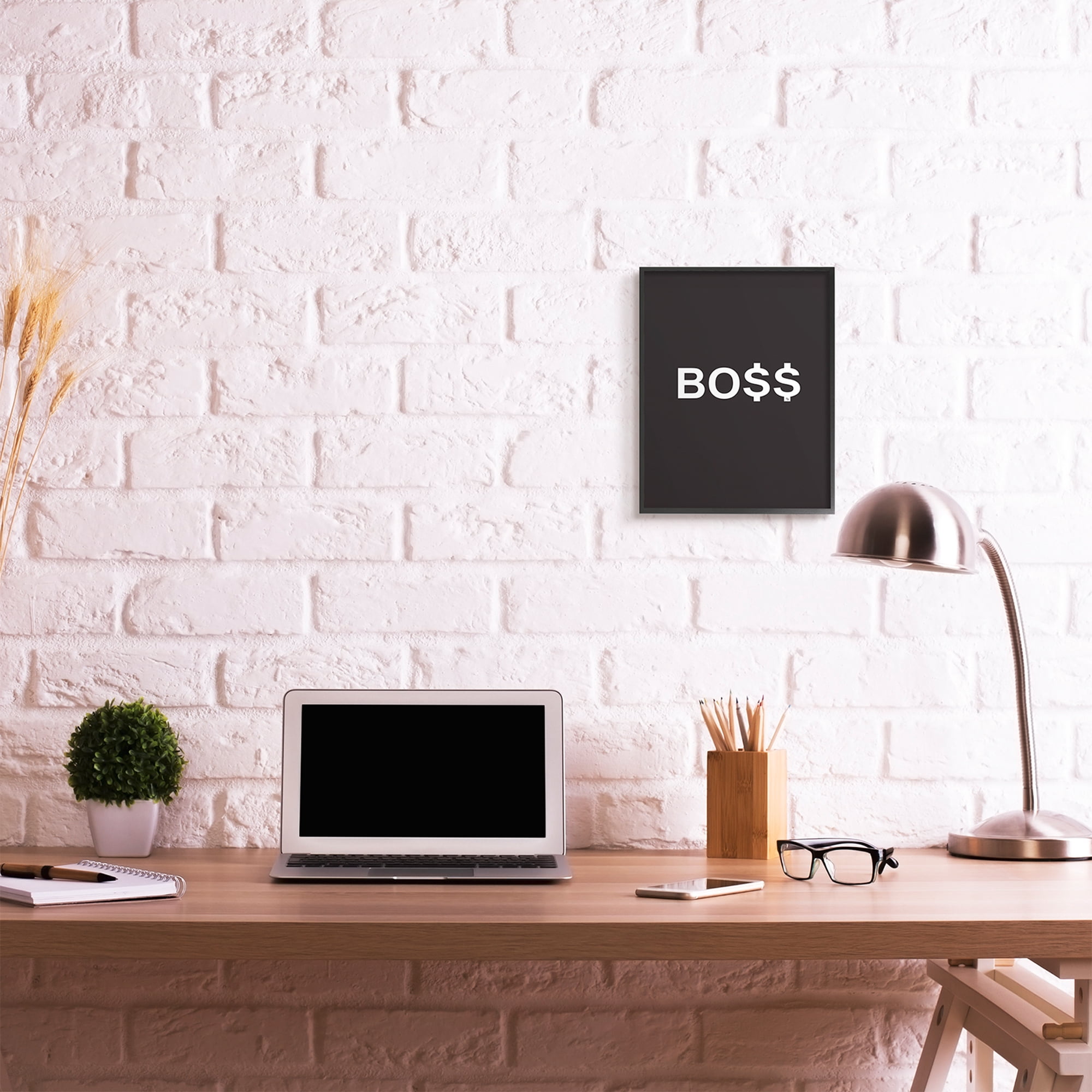 Stupell Industries Boss Text Dollar Signs Minimal Black White Typography Painting Black Framed Art Print Wall Art, 11 x 14