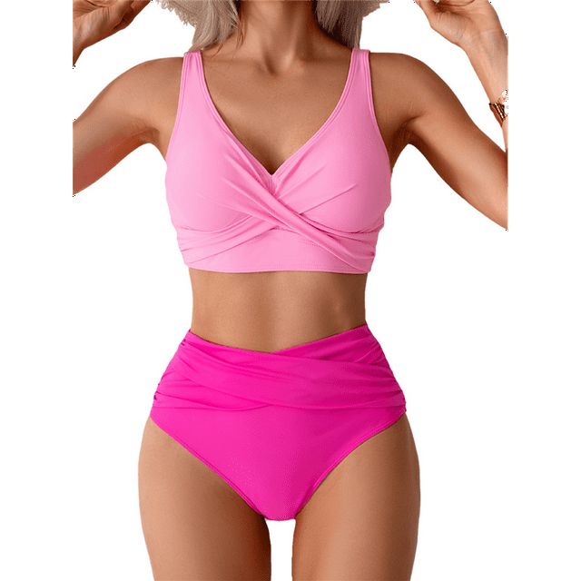 Ensembles de Bikini pour Femmes Maillot de Bain Deux Pièces Taille Haute Col en V Torsadé Bretelles Spaghetti Réglables