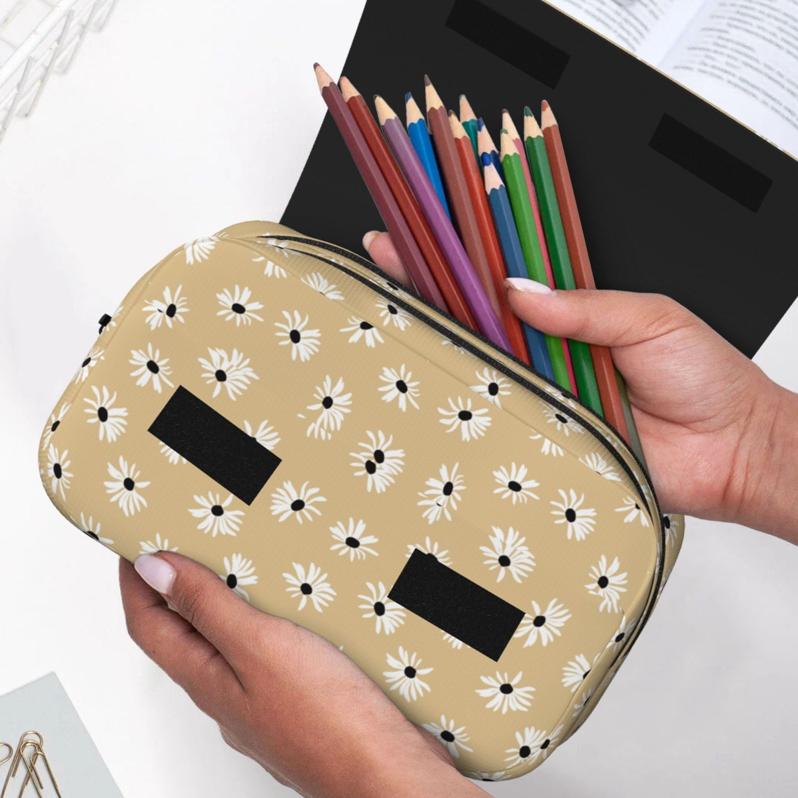 Rateoe Daisies Flowers Pattern Double Clamshell Pen Case, Storage Organizer with Two Zipper Compartments– Holds Up to 50 Pencils & Pens