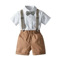 Elainilye Fashion Boys Formal Suits Gentlemen's Clothing Summer Short Sleeve Shirt Strap Shorts Bowtie Four-piece Set For 2-9 Years Old,Brown