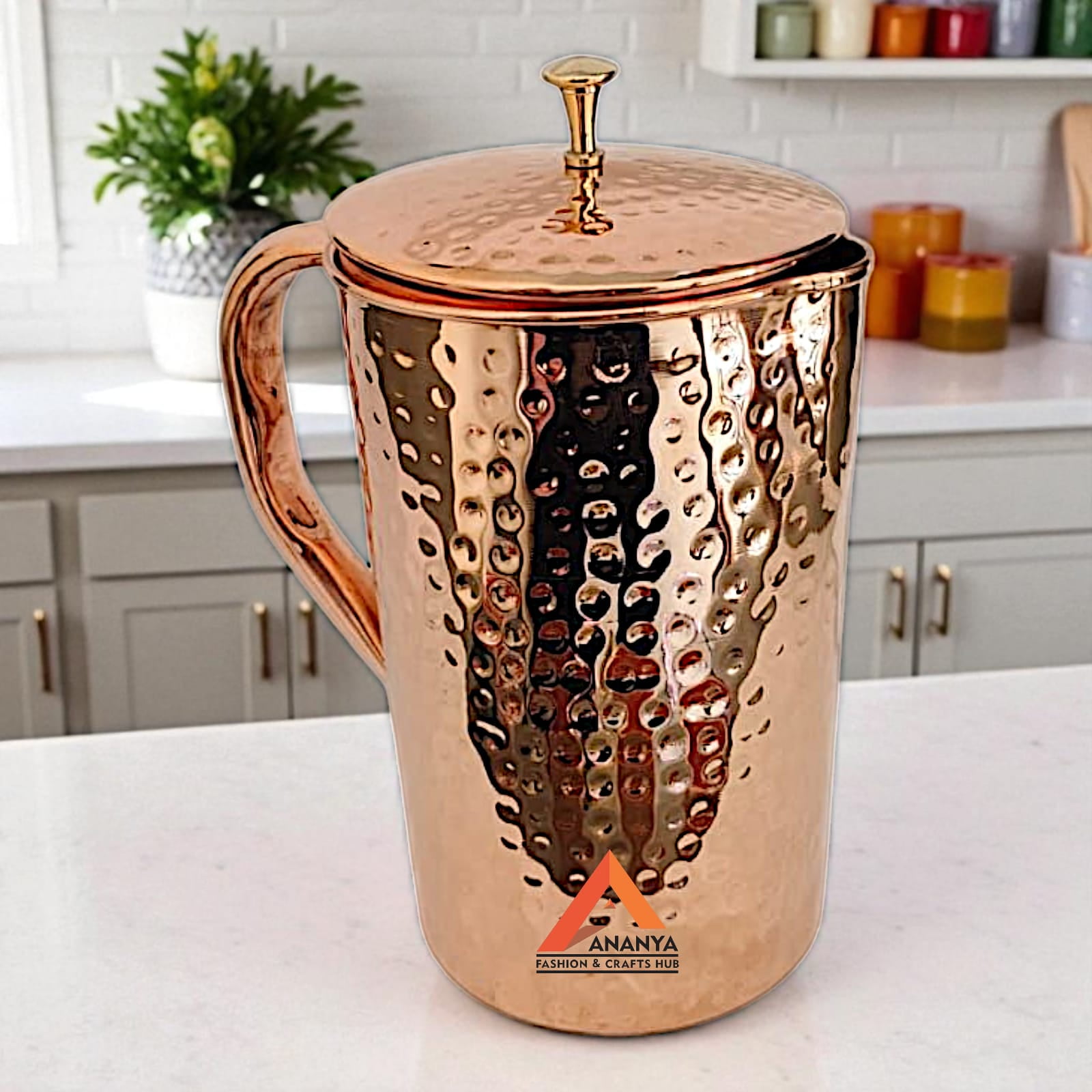 Ananya Fashion and Crafts Hub Pure Copper Water Jug with Brass Knob Top 1.5 Litre (1500 ml) + 2 Tumbler (300 ml) Hammered Ayurveda Health Benefits Pitcher Set of 3