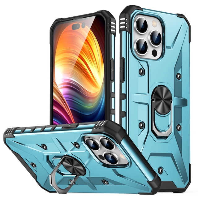 for iPhone 14 Pro Armor Case, Military Grade Hard PC Magnetic Built-in Car Mount 360° Rotatable Metal Ring Holder Kickstand Shockproof Multi-Functional Rugged Case, Darkblue