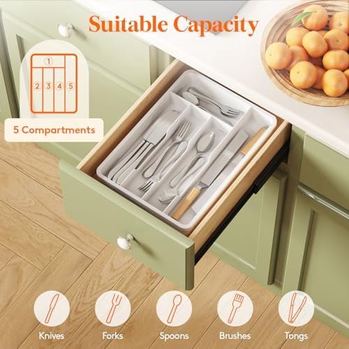 Silverware Drawer Organizer Tray, Plastic Cutlery Storage for Kitchen, Flatware and Utensil Holder Divider for Spoons Forks Knives Tableware, 9.5 x 13.4", 5 Slots, White