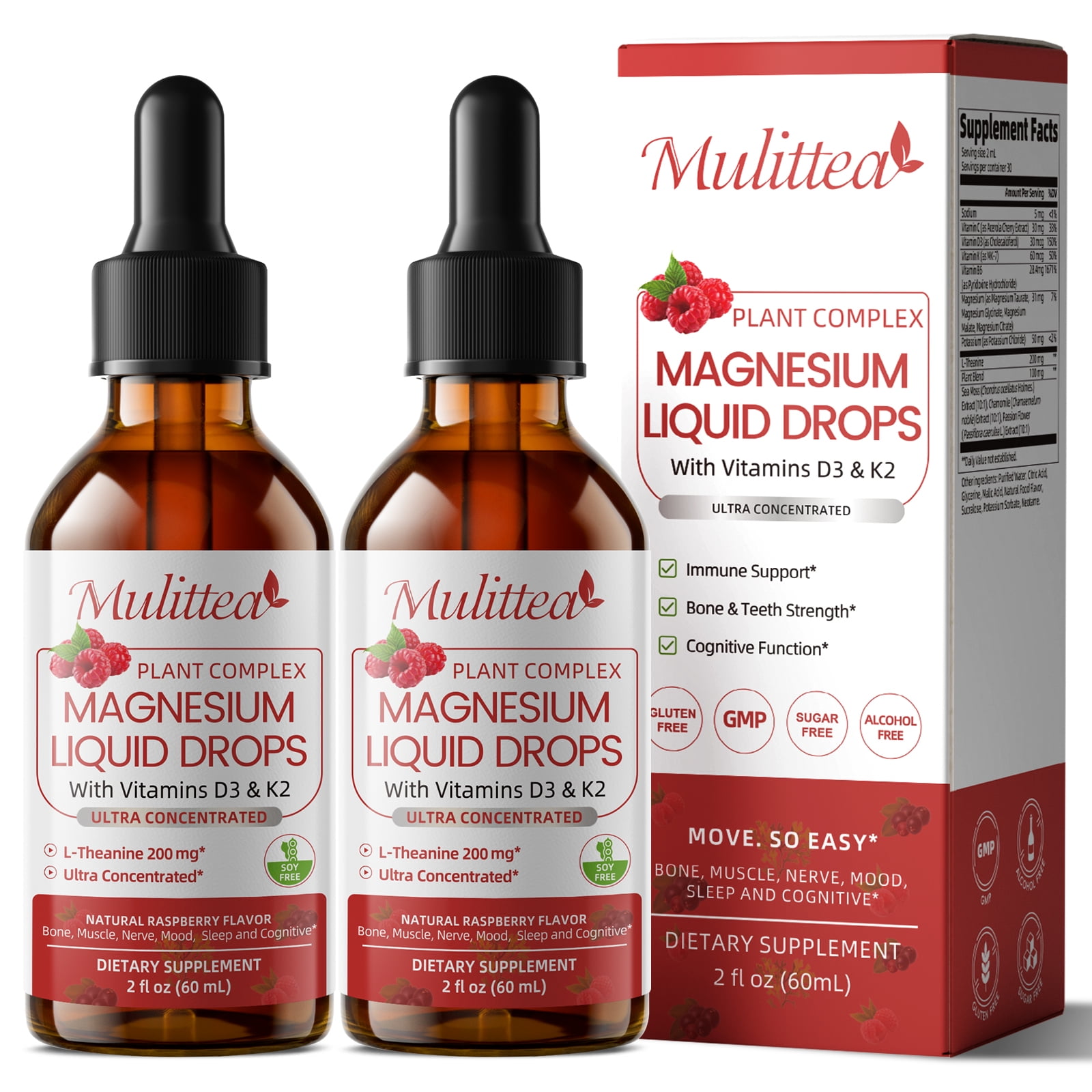 Magnesium Glycinate Liquid Drop - with Citrate, Malate and Taurate, L-Theanine, D3, K2,B6 - for Sleep, Bone,Muscles, Energy, Sugar-Free Raspberry Flavor - 4 Fl Oz