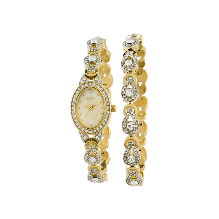 Elgin Adult Female Analog Wristwatch 2pc Set with Oval Mother of
