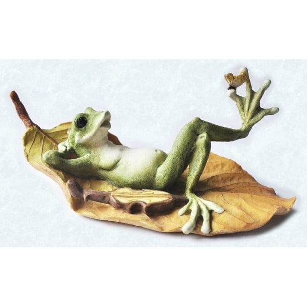 8 Inch Frog Laying Back with Hands Behind Head on Brown Leaf Figurine