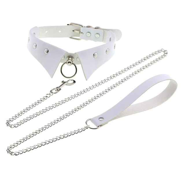 Gargantilla punk con cuello ajustable y anillo en O con cuerda de cuero de tracción larga. blanco