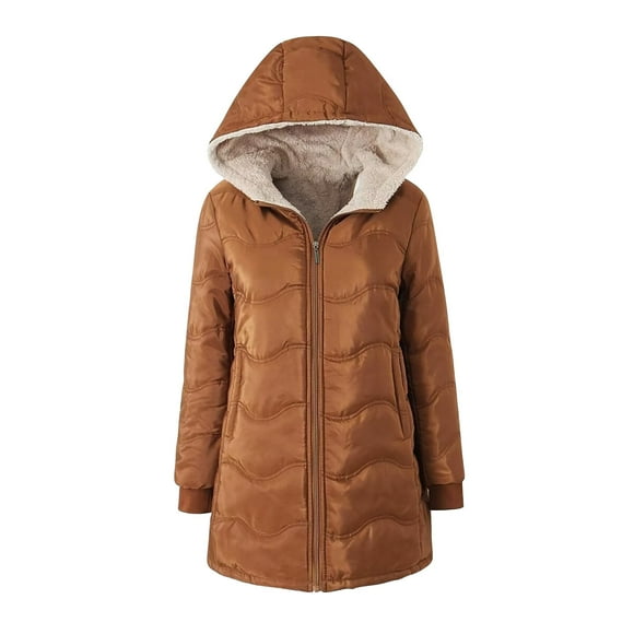 UPPADA Women Long Winter Puffer Coats Collarless Plaid Warm Jacket Button Long Sleeve Cardigan Coats Warm Outerwear with Pockets Brown,S Winter Coats for Women